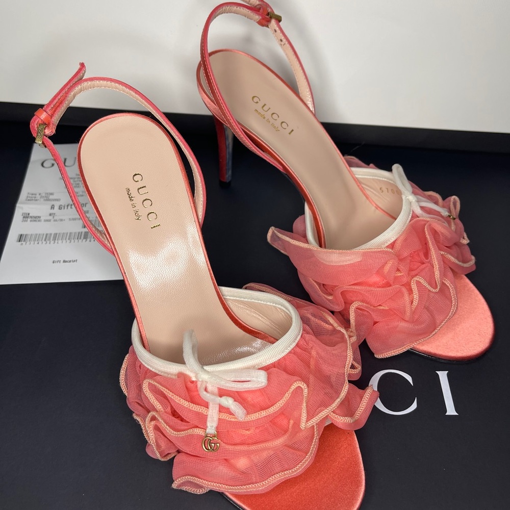 Gucci Peach White Soft Toulle Slide Sandals 36.5